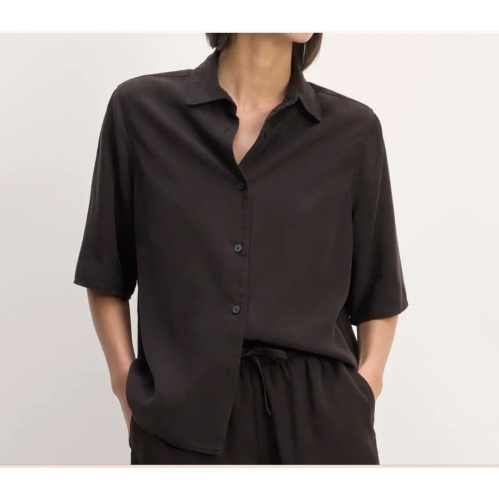 FLAX Black Crinkle Rayon Short Sleeve Button Up Shirt Minimalist Capsule Medium